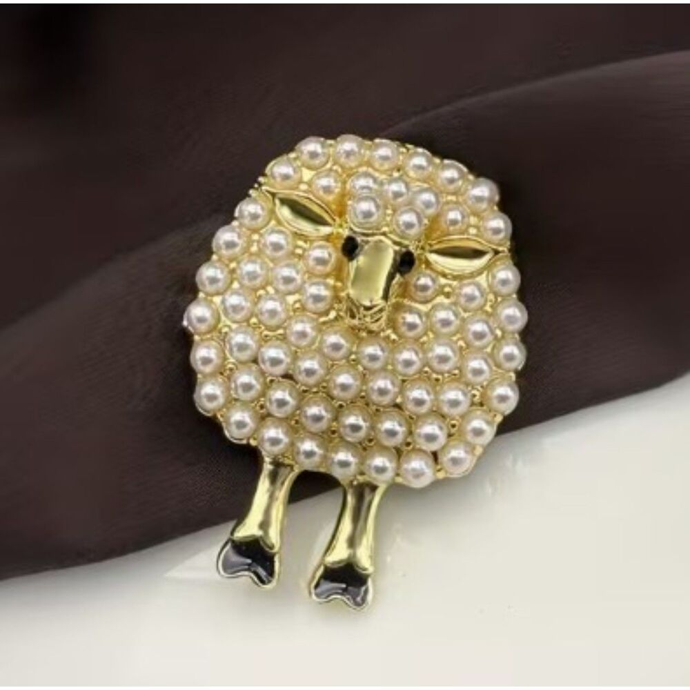 NEW Sheep Brooch Pin Gold Tone Faux Pearl Black Enamel New Cute Animal